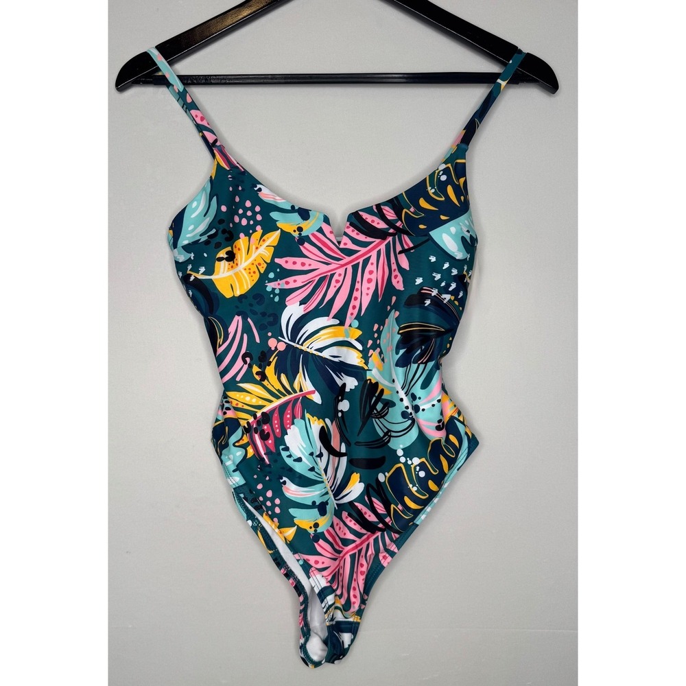Tahiti One Piece Swimsuit Tropical Leaf Print Deep‎ V Neck Women's Size M